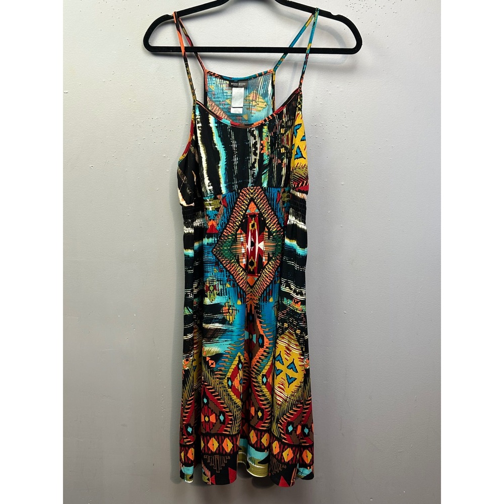 Bisou Bisou Dress Womens 14 Multicolor Geometric Tribal Print Smocked Boho Midi